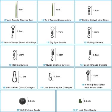 Вертлюги для риболовлі на коропа Набір застібок Матовий чорний Швидкозмінний роликовий поворотний пристрій Швидкісні ланки Захист від заплутування Втулки Гачки Стопори Намистини Гвинти Оснащення з коробкою для рибальських аксесуарів, 300 шт.