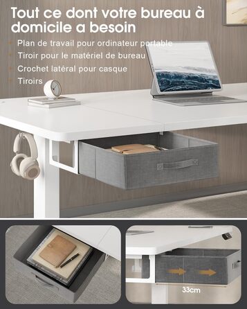 Письмовий стіл з регульованою висотою 160x80 см, Стіл з регульованою висотою та висувними ящиками, порт зарядки USB-A, комп&39ютерний стіл з лотком для кабелів, стіл для роботи стоячи з 3 функціями пам&39яті, білий, 160 x 80 см