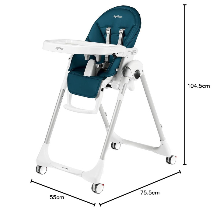 Стільчик для годування з функцією відкидання дитини і 4 подвійними коліщатками з гальмами, чохол зі штучної шкіри, колекція petrol