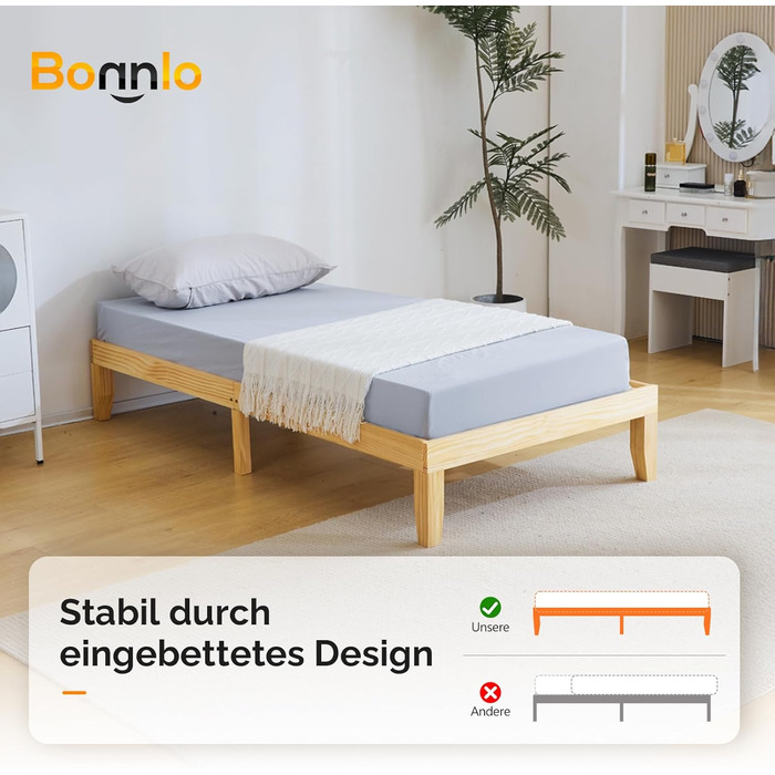 Дерев&39яне ліжко Bonnlo 90x200 см з рейковою основою, каркас ліжка натуральний, двоярусне ліжко зі 100 сосни