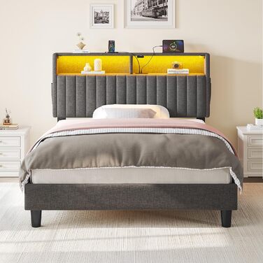 Ліжко Seventable 90x200 із зарядною станцією, металеве ліжко з м&39яким узголів&39ям та світлодіодним підсвічуванням, каркас ліжка з дворівневою полицею, ідеально підходить для дитячих кімнат, кімнат підлітків (сірий) сірий 90 x 200 см