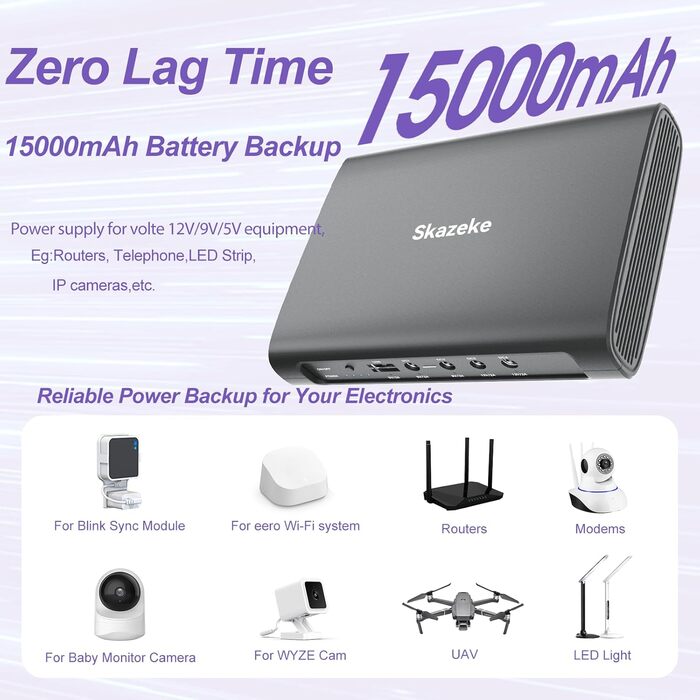 Міні-ДБЖ, Skazeke 15000mAh Міні-ДБЖ з 5 виходами DC 5V/9V/12V/2A, USB 5V/2A, джерело безперебійного живлення Wi-Fi для роутера/модему/IP-камери/молокотника Spectra S2 та інших пристроїв 55,5 Вт
