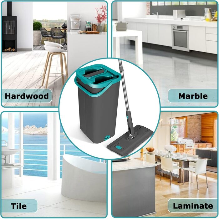 Набір швабр для підлоги Masthome з відром,Набір швабр з відром 2 в 1,Набір швабр для підлоги та 6 насадок з мікрофібри,Набір швабр