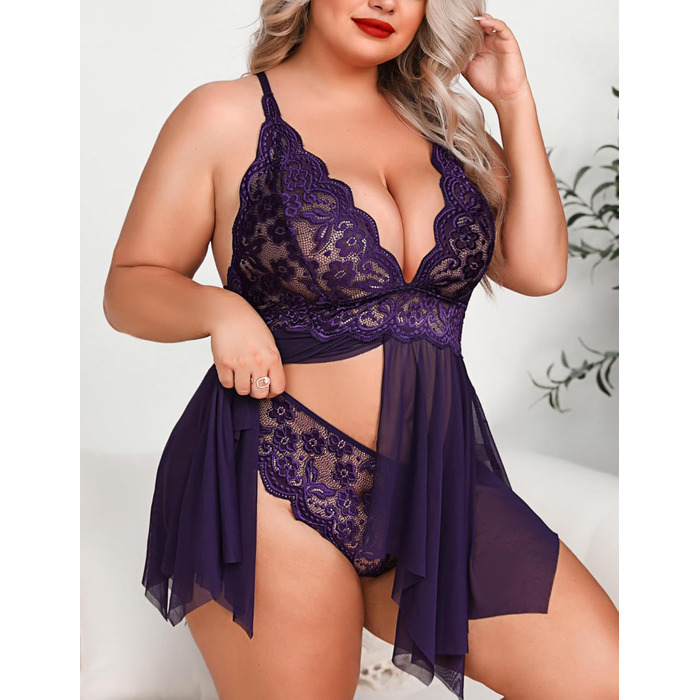 Жіночий нічний комплект Aranmei, мереживний, відкритий, великі розміри, фіолетовий, 3XL
