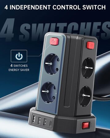 Подовжувач з 4 USB, Sameriver 8 відсіків з декількома розетками, захист від перенапруги, розетка з вимикачем, подовжувач 3M, розет