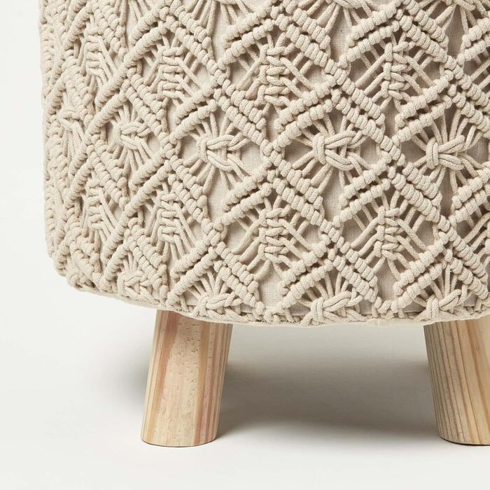 Табурет Homescapes Indy Macrame з місцем для зберігання, натуральний, 443 см, тканинний табурет з дерев&39яними ніжками, круглий табурет, стиль бохо
