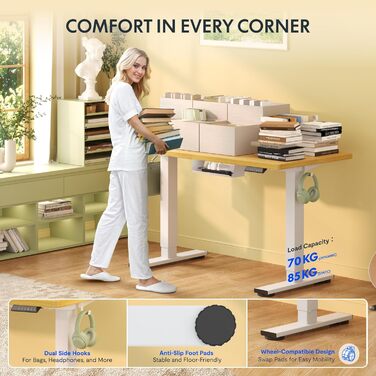 Стіл FlexiSpot з регульованою висотою Basic з організацією кабелів, гачками та цільною стільницею, ергономічний стіл для домашнього офісу, офісний стіл (120x60 см, клен) 120 x 60 см клен біла рама