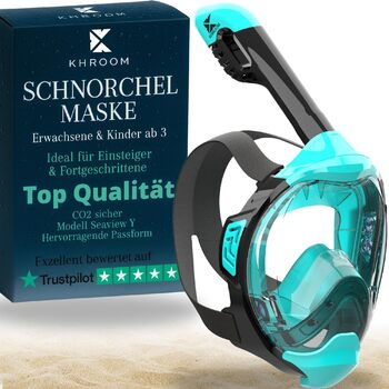 Маска для сноркелінгу Khroom для дорослих та дітей (від 3 років) Безпечна для CO2 Маска для повного обличчя з системою Easy-Breath Альтернативний комплект для сноркелінгу Маска для дайвінгу Seaview Y для дітей до 1,60 метра (S/M) бірюзового кольору