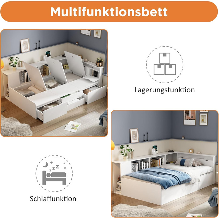 Односпальне ліжко Aoskem дитяче ліжко ліжко 90x200 ліжко з ящиками для зберігання та шафою для зберігання та книжковою полицею, де