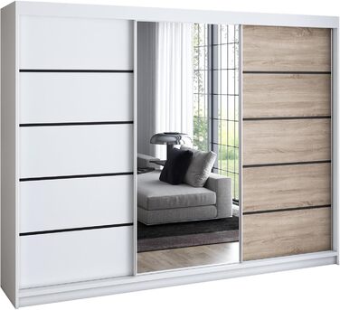 Шафа з 2 розсувними дверима, 3-дверна, 200 см, з дзеркалом, 4 шухлядами та 2 рейками для одягу, Містка шафа для спальні (білий/сонома) Білий / Білий / сонома