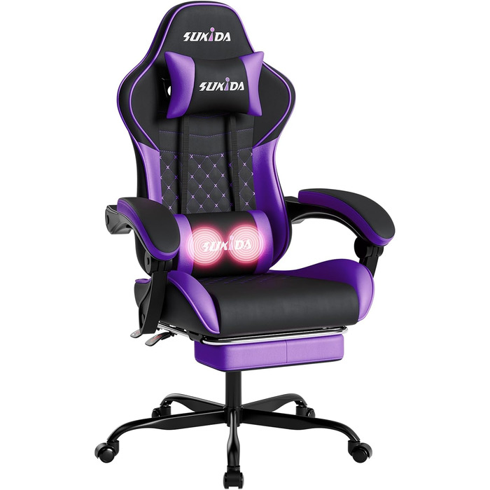 Ігрове крісло SUKIDA, ергономічне ігрове крісло з підставкою для ніг, гоночне ігрове крісло з регульованою спинкою 90-135, комп&39ютерне крісло з регульованою висотою та поперековою опорою, чорно-фіолетове