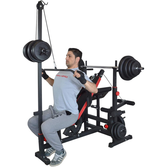 Багатофункціональна силова лава Train Hard з силовою станцією для тяги ширшого хвата, дисками вагою від 90 до 150 кг, штангою та комплектом штанг, що складається зі штанги, гантелей та грифа для згинань рук штанги 100 кг, гантелей та грифа для згинань рук