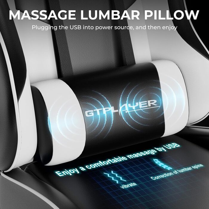 Ігрове крісло GTPLAYER Ергономічне робоче крісло, обертове крісло, крісло керівника з функцією масажу, витримує до 136 кг, подовжена та розширена спинка, білий колір