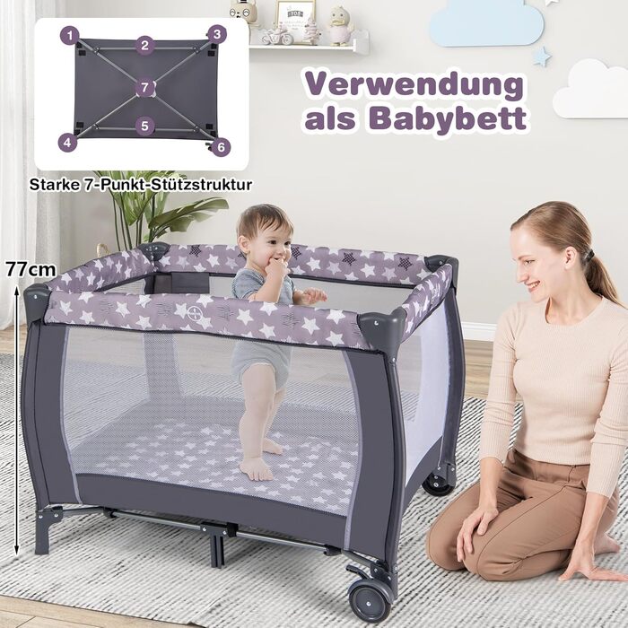 Складана приліжкова ліжечка COSTWAY 3 в 1, дорожнє ліжечко з матрацом, підвісні іграшки, музичний мобіль, пеленальний столик та сумка для перенесення, 2-рівневе дитяче ліжечко з колесами для дітей до 36 місяців (темно-сірий)