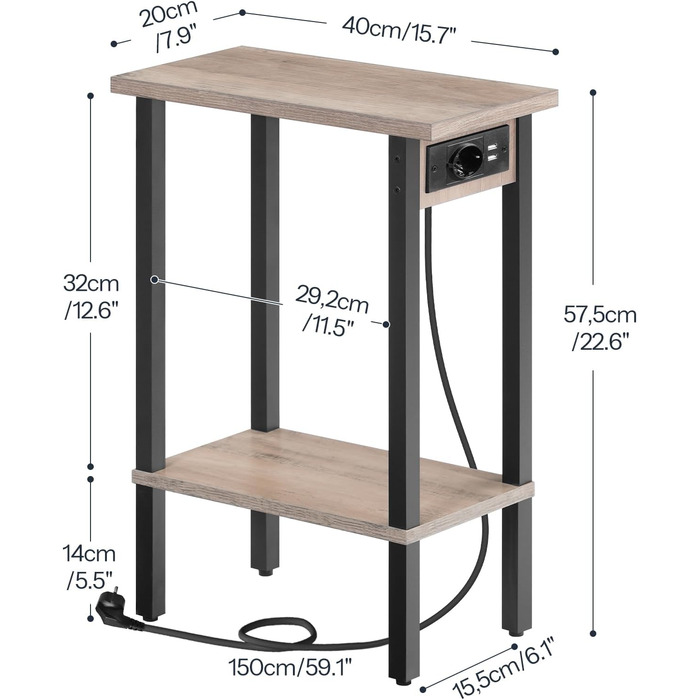 Вузький 2-ярусний бічний столик HOOBRO, диван-столик із зарядною станцією, тумбочка з полицею, журнальний столик, для невеликих приміщень, вітальні, спальні, кабінету, сіро-чорний EBG240CBZ01 сіро-чорний 1