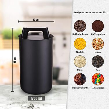 Герметичний контейнер для кави KC Kitchen & Co. для 500 г кавових зерен контейнер з нержавіючої сталі з вакуумною кришкою та ароматичною герметичністю контейнер для зберігання кави, чаю, цукру, мюслі матово-чорний (1700 мл)