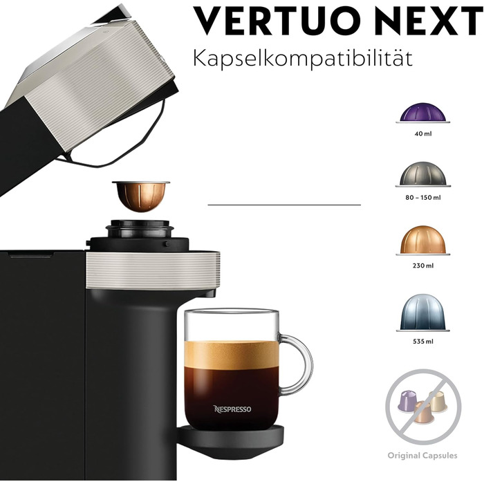 Машина Krups XN910B Nespresso Vertuo Next Кавова капсульна машина Кавоварка Nespresso Резервуар для води 1,1 л 6 розмірів чашок Функція вимкнення живлення 54 переробленого пластику Світло-сірий без піноутворювача молока