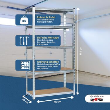 Подвійний надміцний стелаж Grafner XXL з 10 полицями з МДФ, максимальне навантаження 1750 кг, сертифікований TV/GS, закруглені кути, 180x180x40 см, безболтовий стелаж Twin Pack, стелаж для зберігання, стелаж для підвалу