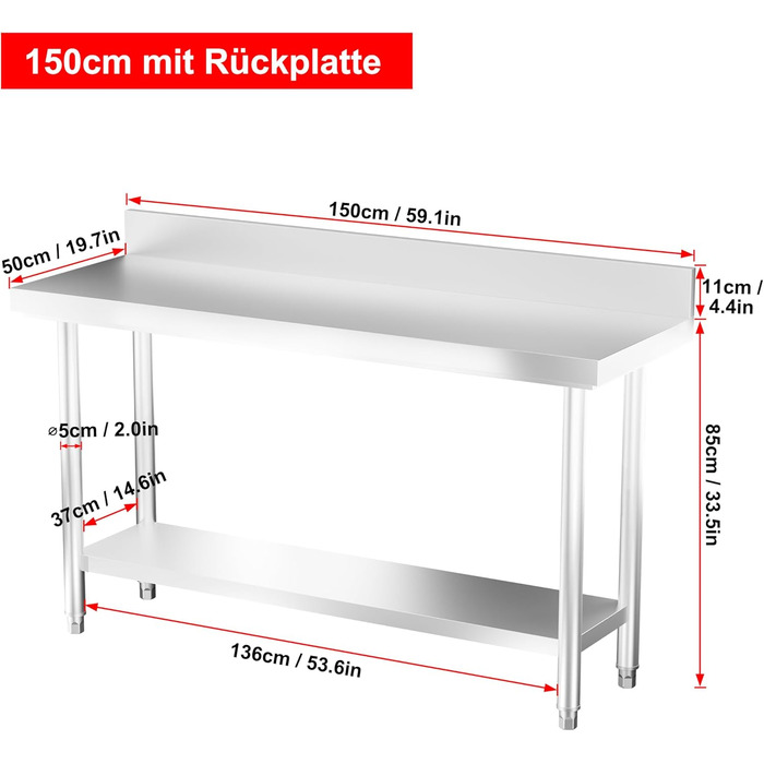 Робочий стіл з нержавіючої сталі UISEBRT з підніжкою, Кухонний стіл з нержавіючої сталі з регульованими ніжками, Кухонний стіл/розбірний стіл з дуже великою нижньою полицею, 150 x 50 x 85 см, з підніжкою