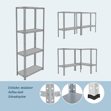 Стелаж для зберігання Relaxdays, оцинкована сталь, ВШХ 180 x 60 x 40 см, 160 кг, 4 полиці, для підвалу та гаража, міцний стелаж, сріблястий