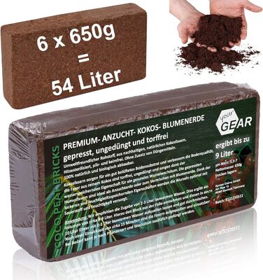 Дрібнозернистий кокосовий ґрунт 54 л - 6x650 г пресованого ґрунту, екологічний посівний ґрунт з кокосових волокон, 100 органічний,