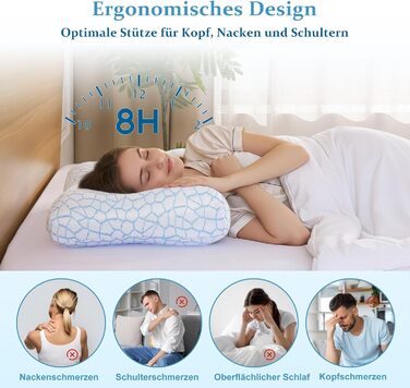 Ергономічна подушка Caviar Blue з піни з ефектом пам&39яті, 60x40 см, холодна на дотик, з різницею висоти 12/8 см, підтримка шиї для сну на спині та на боці, не волога, гарне відновлення, чохол, який можна прати, синій, 40 x 60 см