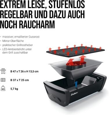 Настільний вугільний гриль Enders Aurora Mirror Black з вентилятором, портативний кемпінговий гриль для відкритого повітря з LED-підсвіткою, 47 x 26 x 13,5 см, 1365 Чорний