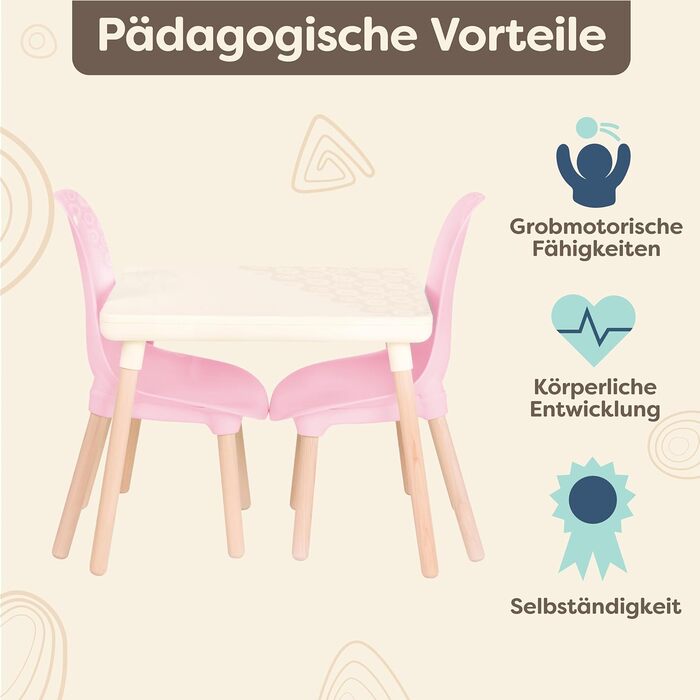 В. простору дитячий стіл з 2 стільцями, дитяча сидяча група - 1 стіл і 2 дитячі стільці з дерев'яними ніжками для дітей від 3 рокі