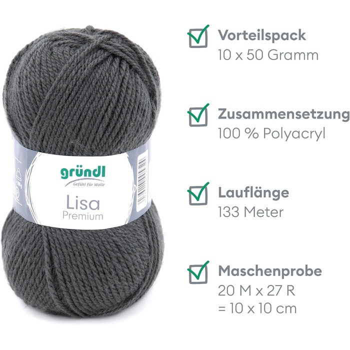 Пряжа Grndl Lisa Premium Uni Knitting & Chet Yarn (м'яка і вовняна характер, проста в догляді миється трикотажна пряжа з 100 поліакрилу, 50 г/ 133 м, розмір голки 3,5 - 4,5, 10 клубків по 50 г кожен), (антрацит)