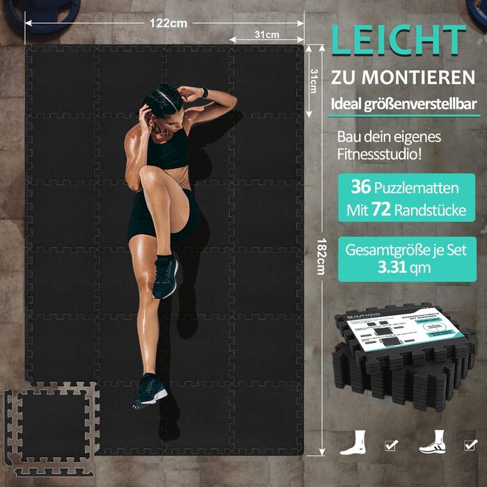 Захисний килимок для підлоги для фітнесу 331 см, килимок-головоломка 24/36/48, спортивний килимок з EVA, нековзний, килимок для підлоги для тренажерного залу та фітнес-обладнання 3,31 кв.м./36 килимків - чорний