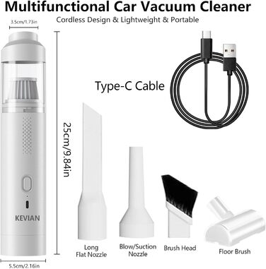 Акумулятор для ручного пилососа KEVIAN, ручний пилосос 12000Pa акумуляторний з швидкою зарядкою USB-C, автомобільний пилосос 2 в 1