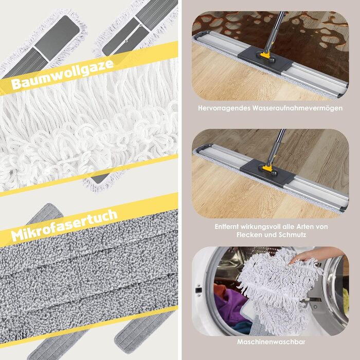 Плоска швабра HEVOL, плоска швабра з регульованою ручкою з нержавіючої сталі 154 см, велика швабра з 2 мікрофібровими насадками та