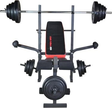 Багатофункціональна складна лава TrainHard з кріпленнями для згинання ніг та &quotметеликом&quot, протестована та сертифікована відповідно до EN957 / додатково комплект штанги, що складається зі штанги та гантелей, лава штанга та гантелі 50 кг