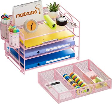 Органайзер для столу Marbrasse, 4-рівневий органайзер для паперу з шухлядою та 2 тримачами для ручок, сітчастий органайзер для домашнього офісного приладдя (рожевий)