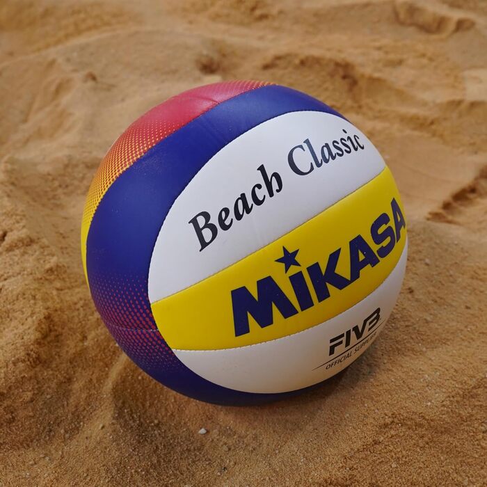 Пляжний волейбольний м'яч Mikasa Beach Classic, Розмір 5, Технологія TwinSTLock, Водонепроникний, Синій/Жовтий/Червоний