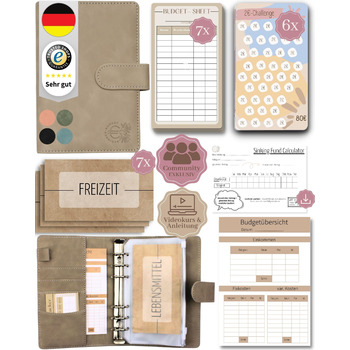 Планувальник бюджету BeginnerBudget німецькою мовою - Стартовий набір із завданням заощаджень Планувальник бюджету - Заощадження за допомогою методу конвертів Інструкції - Папка-кільце A6 - Замшевий стиль (сірий)