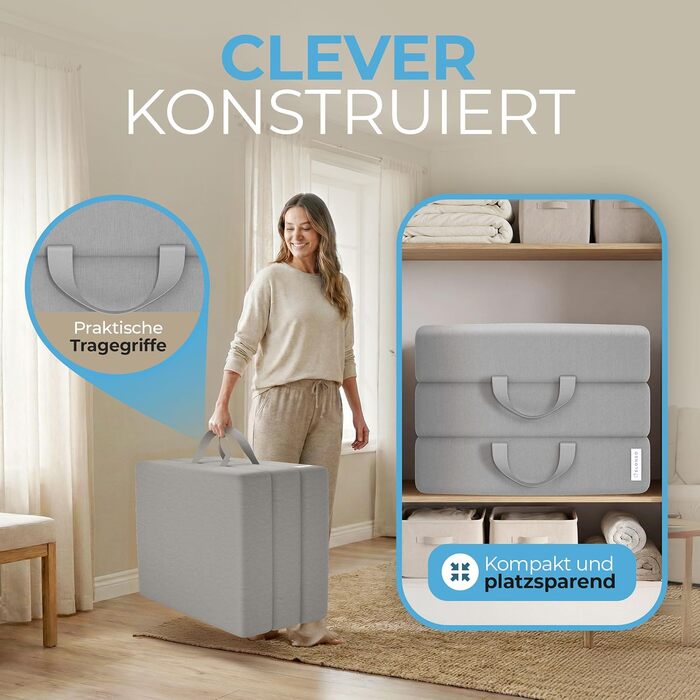 Матрац ELONEO Folding, гостьовий матрац, 3-секційний розкладний матрац, надзвичайно товста піна (15 см), можна прати, ортопедична подушка, складний, складний матрац, для дорослих (сірий, 75 x 195 x 15 см) 75 x 195 x 15 см сірий