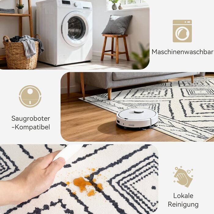 Килимова доріжка для коридору, 60 x 300 см, нековзка кухонна доріжка, килимова доріжка з коротким ворсом, яку можна прати, складається, дизайн бохо для коридору, кухні, вітальні та офісу, чорно-білий, 60 x 300 см