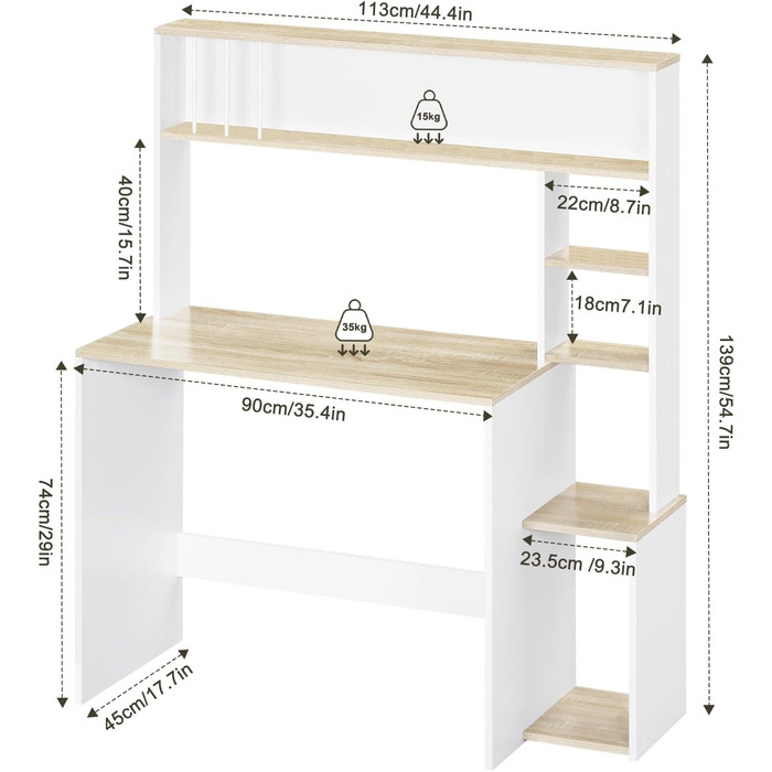 Письмовий стіл eSituro, комп&39ютерний стіл з 5 полицями, офісний стіл під біле дерево, ігровий стіл з місцем для зберігання, ПК-стіл для домашнього офісу, офісу, вітальні, 113,5x139x45 см білий дуб