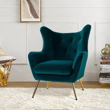Крісло HULALA HOME, зручне крісло з відкидною спинкою та золотистими металевими ніжками, крісло для читання, зручне крісло з оксамиту для вітальні/спальні, темно-зелений 1 темно-зелений