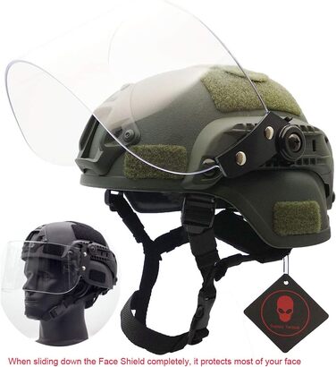 Тактичний шолом для страйкболу MICH 2000, військовий пейнтбол, з прозорим козирком, захисним щитком для обличчя, окулярами та бічною планкою, кріпленням для ПНВ, зеленого кольору