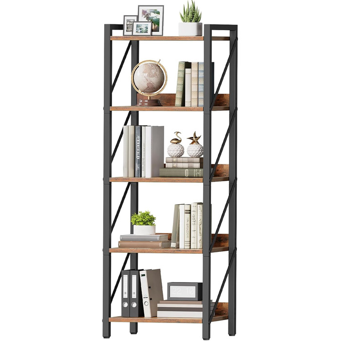 Книжкова полиця HOOBRO, стояча полиця, полиця-драбина, окремостояча вузька полиця, офісна полиця, 5 ярусів, відкриті полиці, для вітальні, спальні, офісу, кухні, рустикальний коричневий та чорний EBF73SJ01 42 x 28 x 132 см Рустикальний коричневий чорний