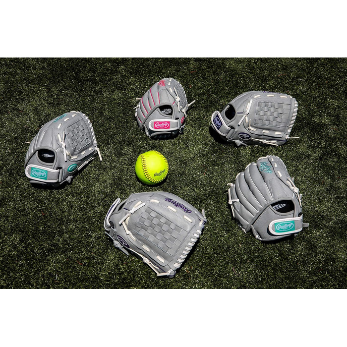 Дитяча софтбольна рукавичка Rawlings Girls&39 Sure Catch Розміри 10-12,5 дюймів Різні стилі, сіра/фіолетова, 12,5 дюймів, для правшів