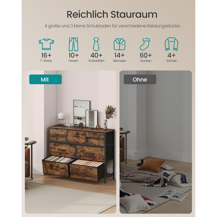 Комод SONGMICS, шафа, 7 тканинних шухляд, шафа для зберігання, сталь, МДФ, неткане полотно, для спальні, коридору, вітальні, вінтажний коричневий-чорний LGS323BH04 Вінтажний коричневий чорнильний 7 шухляд