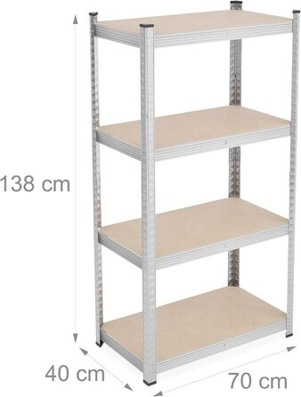 Міцний стелаж Relaxdays, ВxШxГ 138x70x40 см, оцинкована сталь, сріблястий Полиця для зберігання підвалу, гаража, вантажопідйомність 200 кг, вставна конструкція