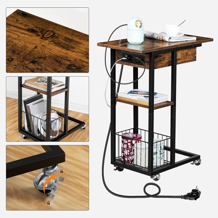 Журнальний столик HOOBRO із зарядною станцією, відкидний С-подібний диван-столик, журнальний столик на колесах та полиця для зберігання, тумбочка для вітальні, спальні, темно-коричневий EBF022SF01G1