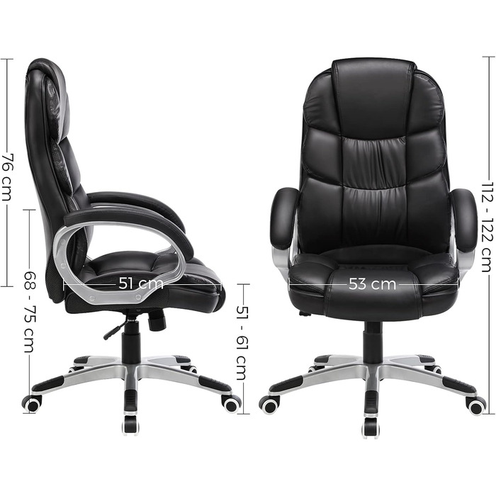 Офісне крісло SONGMICS, крісло керівника, обертове крісло, комп&39ютерне крісло, сертифіковане SGS EN12520, регульована висота, м&39яке, чорне OBG24B, 53 x 50 x (114-124) см