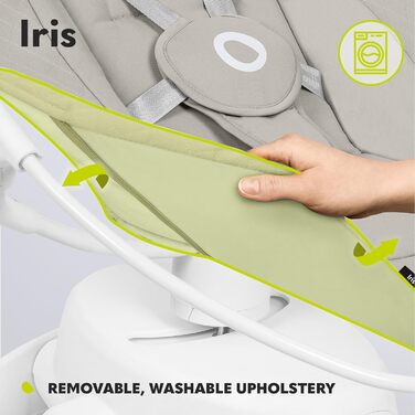 Електричний дитячий шезлонг LIONELO Iris 360o поворотний для немовлят до 9 кг Регульована спинка, 5 швидкостей зважування Нековзний ремінь безпеки, 12 мелодій Кронштейн з іграшкою Пульт дистанційного керування (бежевий)