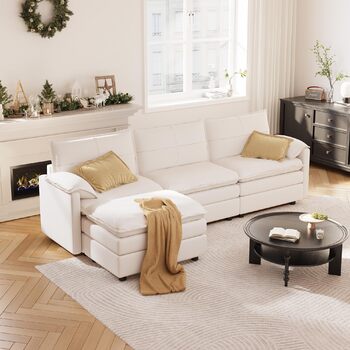 Диван FLEXISPOT на 4 особи, L-подібний кутовий диван з пуфом та місцем для зберігання речей, модульний компактний диван для вітальні, білий, 255 x (7258) x 116 см