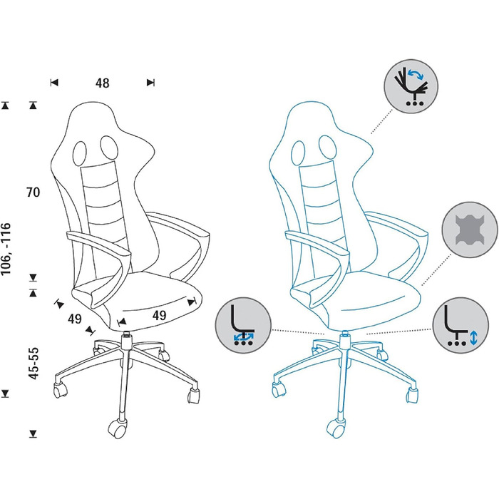 Ергономічне ігрове крісло, обертове ігрове крісло, дихаюче, крісло з гойдалкою, регульована висота, чорно-синє 912-blue